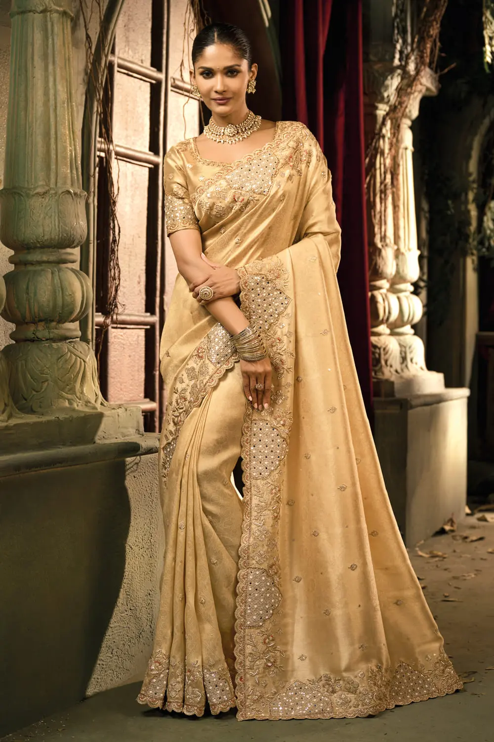 Gold Banarasi Silk Saree – Jari, Cut-Dana, Moti & Mirror Heavy Work Gold Banarasi Silk Saree – Jari, Cut-Dana, Moti & Mirror Heavy Work