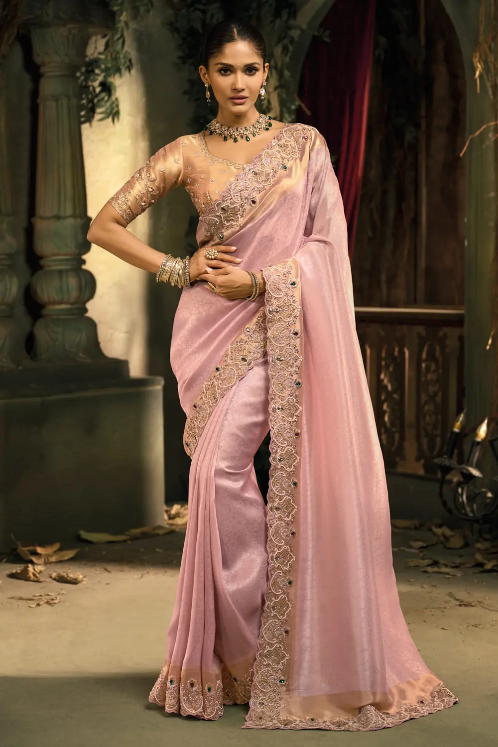 Pink Pure Silk Saree – Jari, Moti, Cut-Dana & Emerald Heavy Work Pink Pure Silk Saree – Jari, Moti, Cut-Dana & Emerald Heavy Work