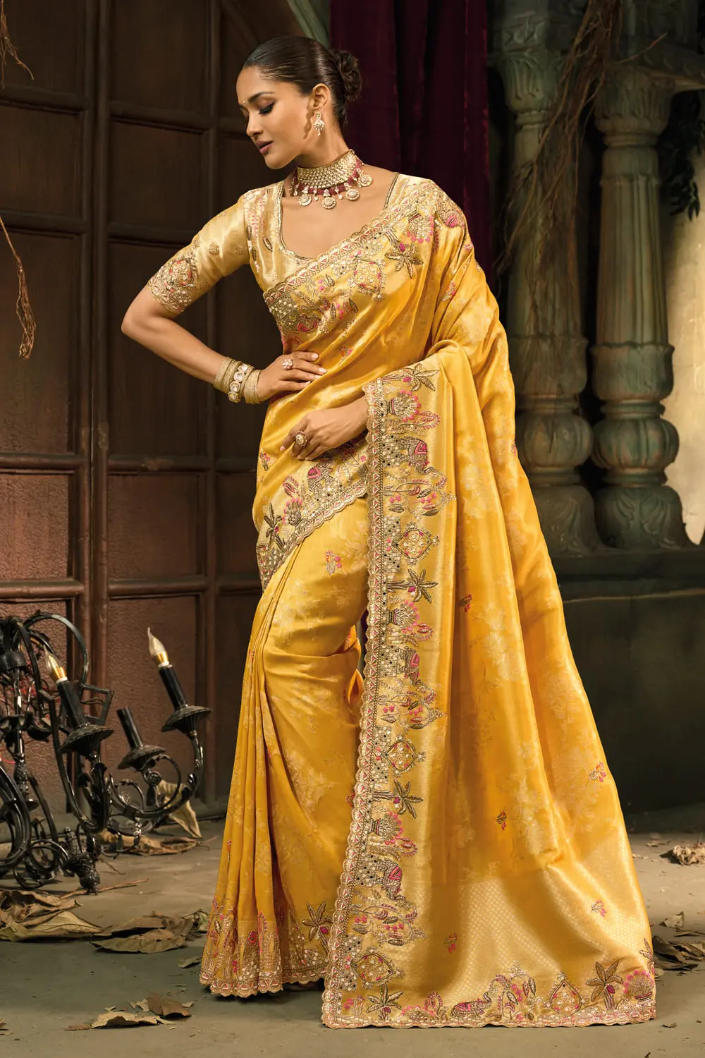 Mustard Ziraf Silk Saree – Jari, Thread, Cut-Dana & Moti Heavy Work Mustard Ziraf Silk Saree – Jari, Thread, Cut-Dana & Moti Heavy Work