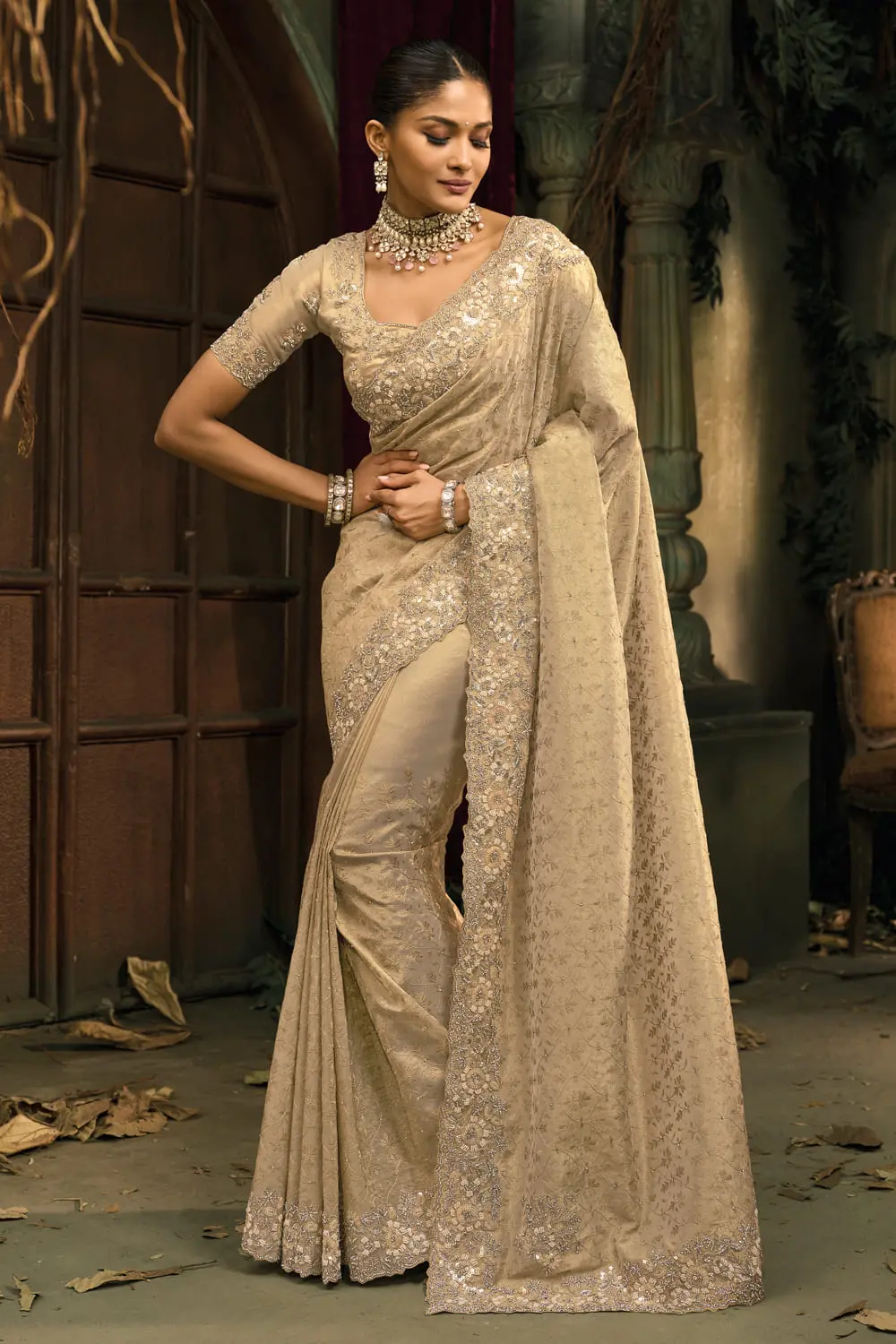 Exquisite Cream Kanjivaram Silk Saree – Lucknowi Cut-Dana & Jarkhan Heavy Work Exquisite Cream Kanjivaram Silk Saree – Lucknowi Cut-Dana & Jarkhan Heavy Work
