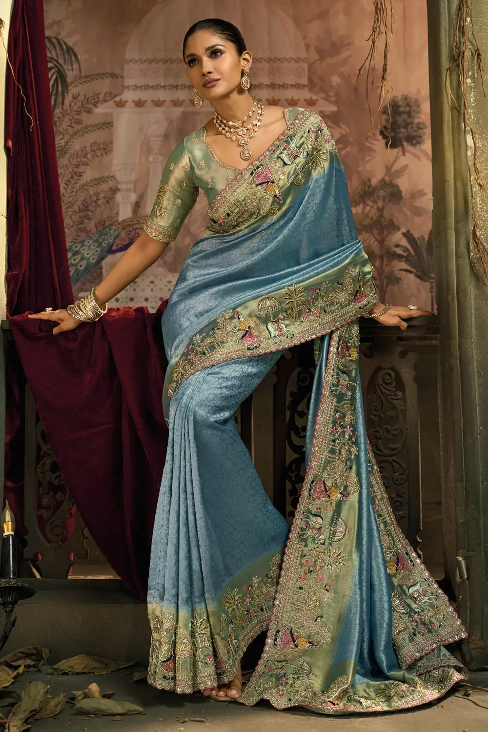 Back view of soft silk saree online – sea green with gold jari stripes