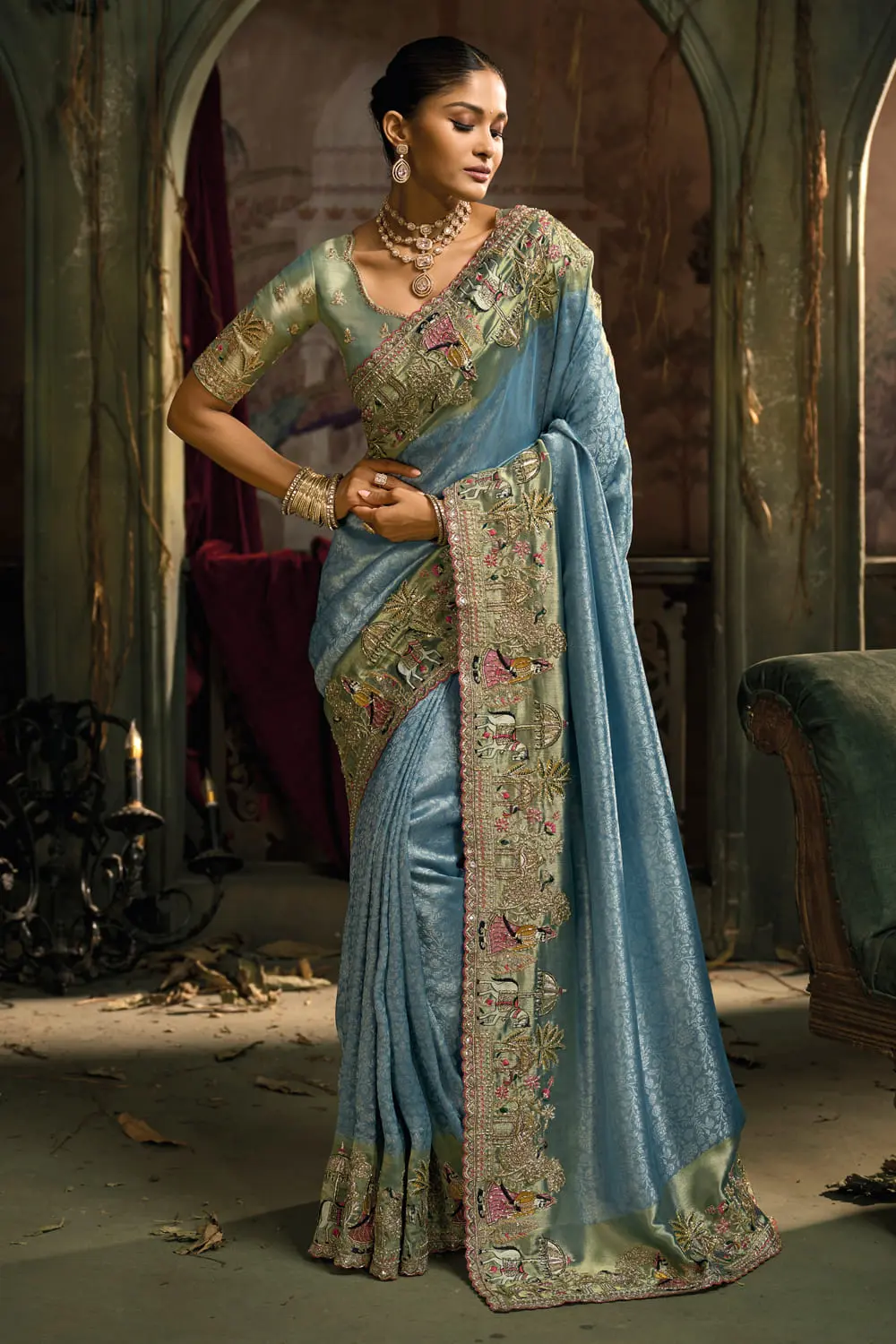 Full drape of Sea Green banarasi saree showing jari border and moti work on pallu