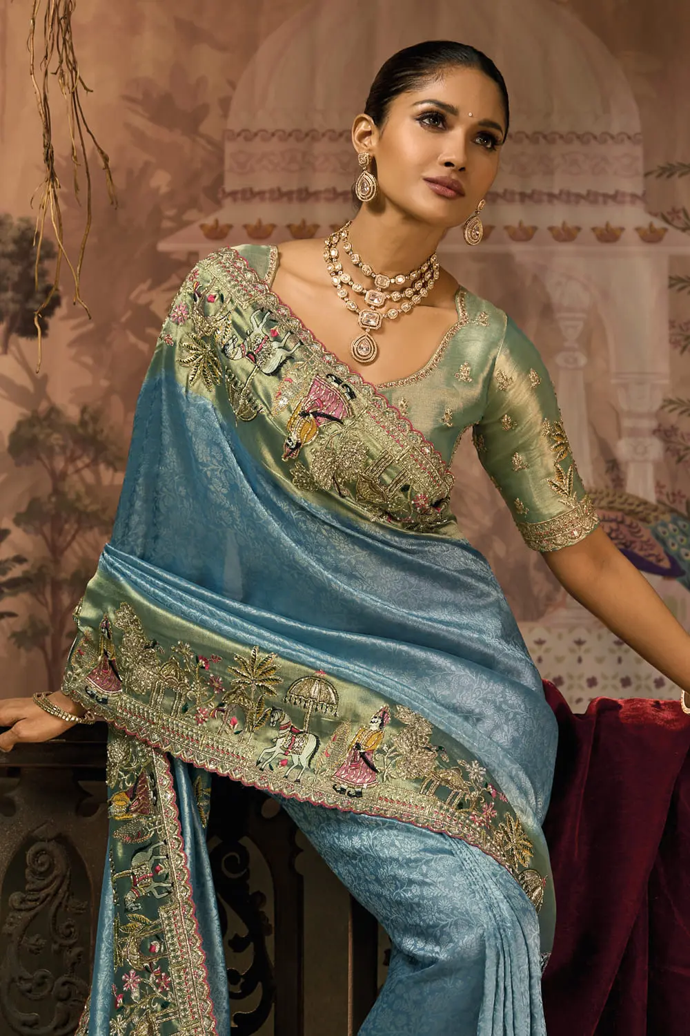 Sea Green banarasi saree pallu with pearl (moti) clusters and heavy zari