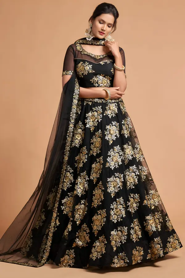 Front view of Black Soft Net Lehenga with zari embroidery draped beautifully.