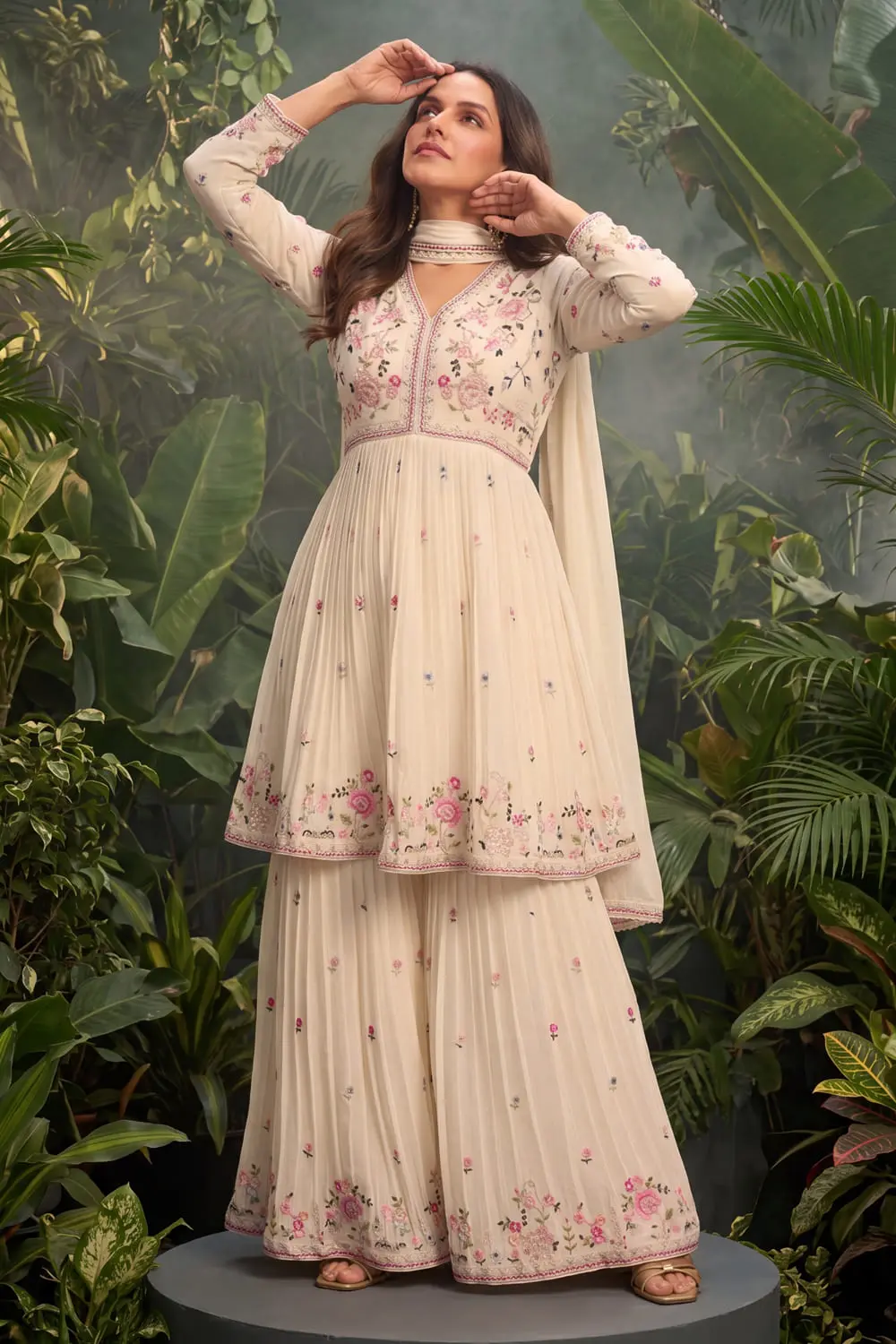 Ivory kurta sharara set for wedding in premium chinon with embroidery by Khaish