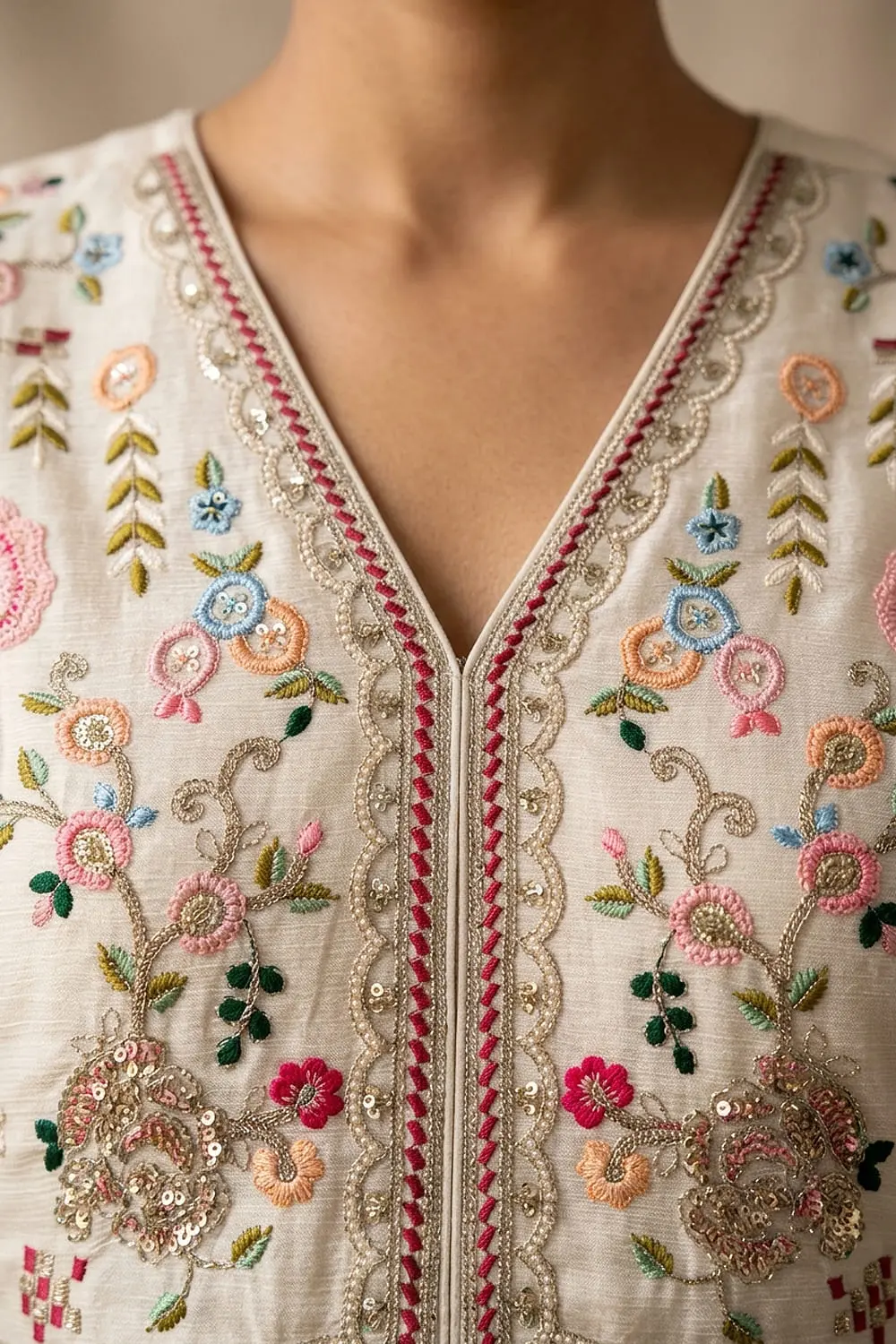 Back view of ivory kurta sharara set with flowing sharara