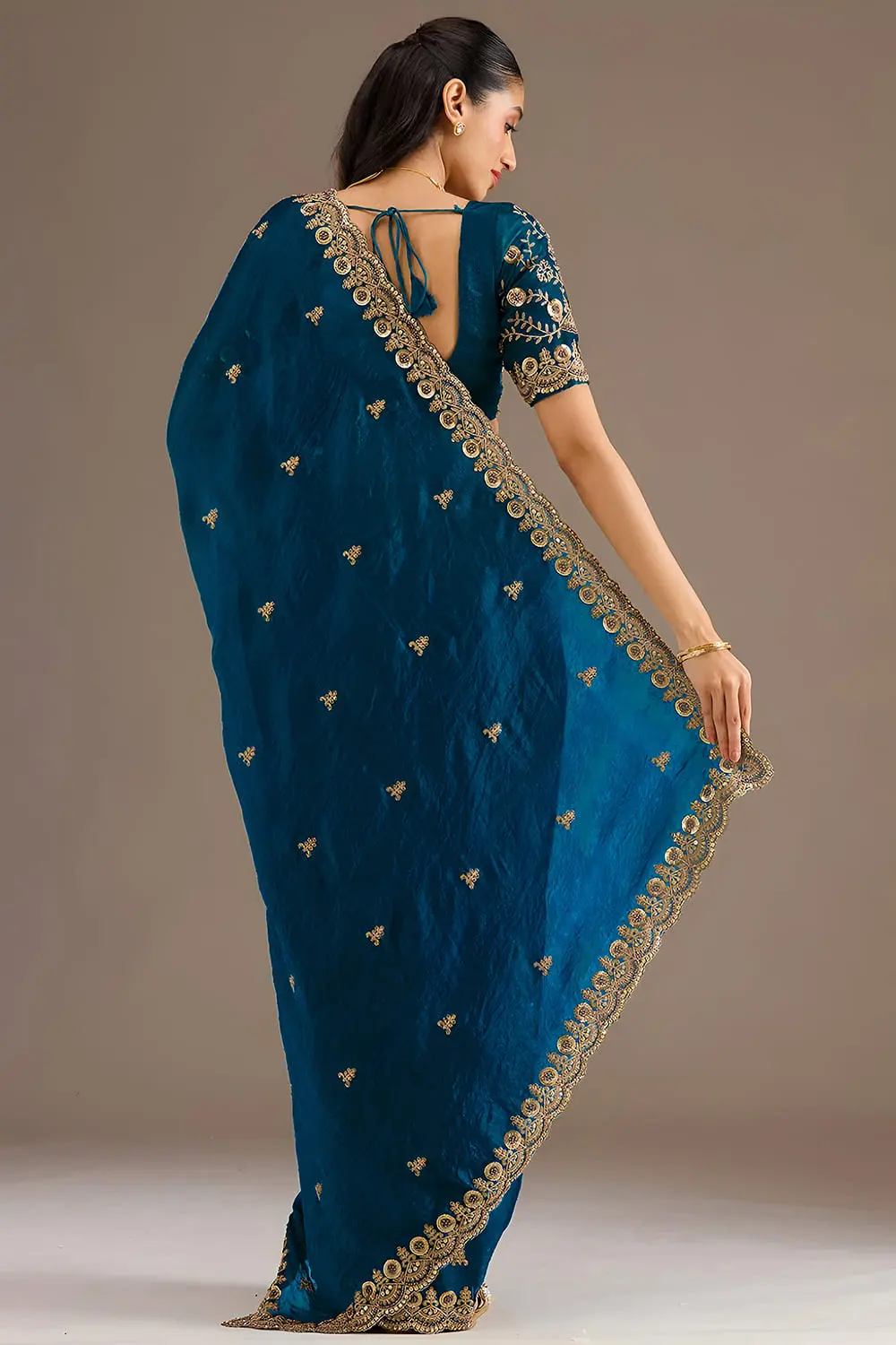 Back view of dove blue tissue silk saree with embroidery