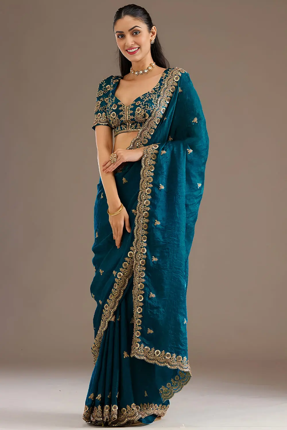 Dove blue tissue silk saree with diamond and pearl detailing