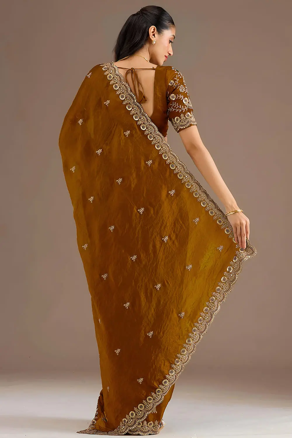 Back view of gold tissue silk saree with embroidery