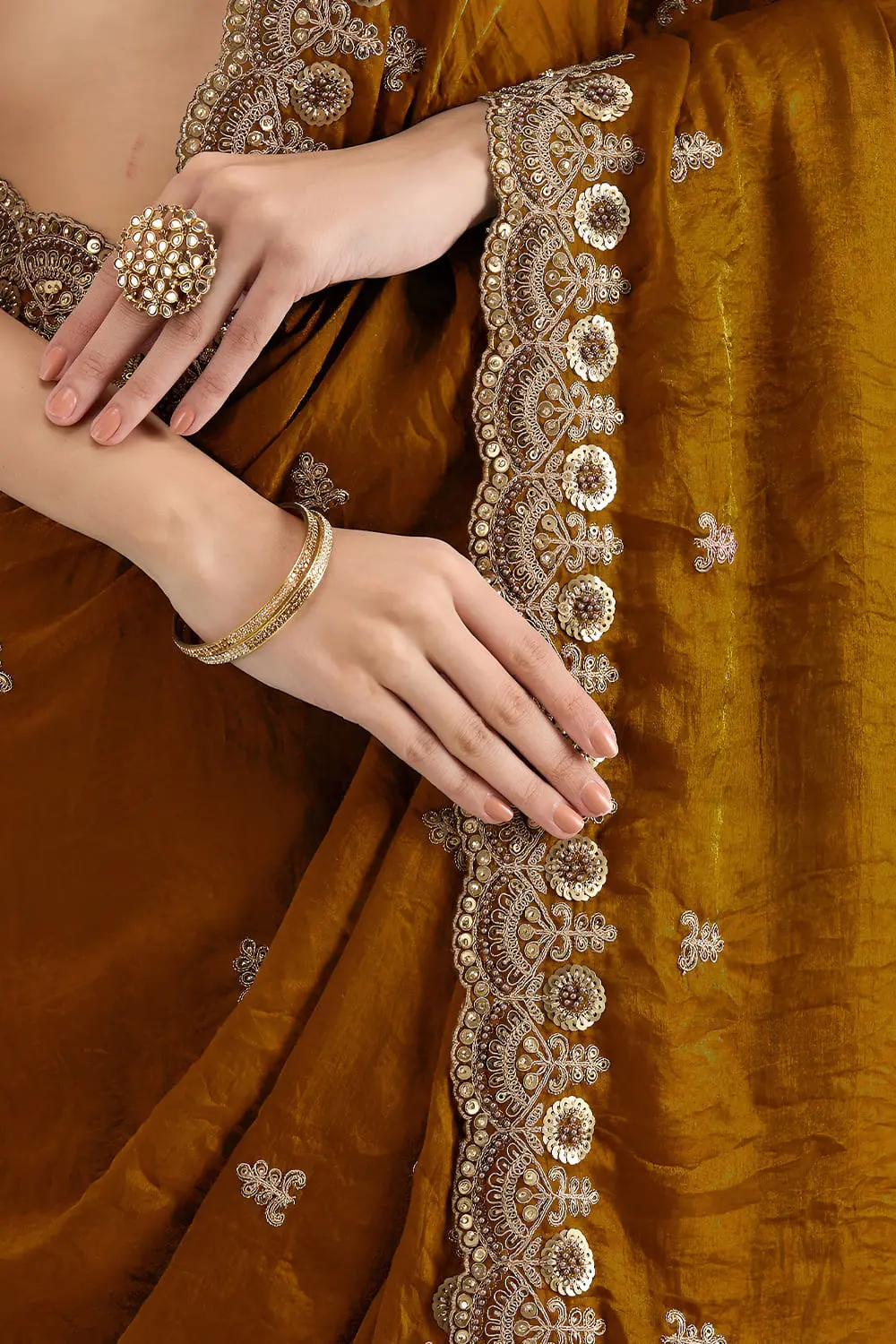 Embroidered border detail on gold tissue silk saree
