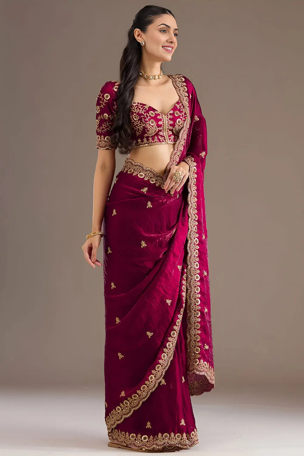 Maroon tissue silk saree with diamond and pearl detailing