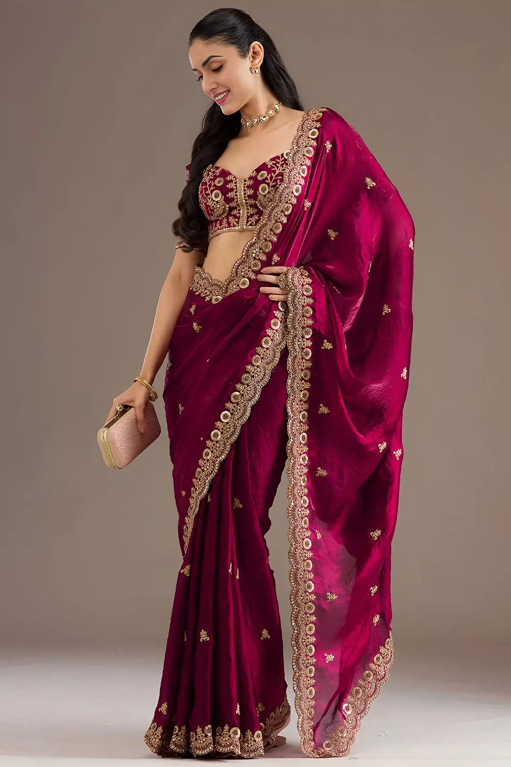 Rich maroon tissue silk saree draped full view