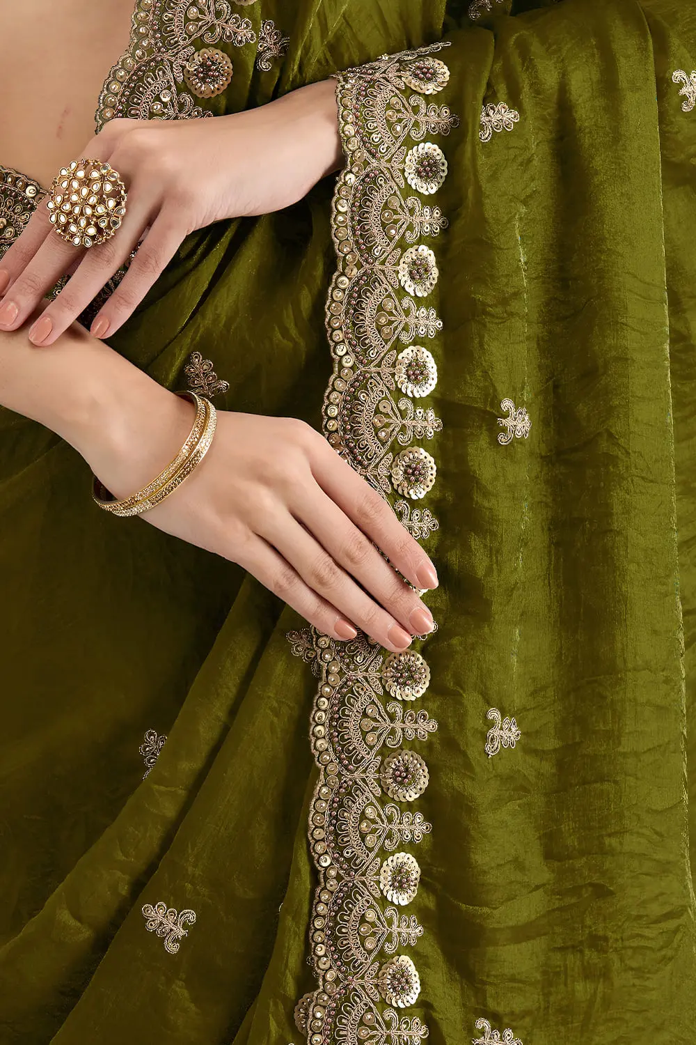 Embroidered border detail on olive green tissue silk saree