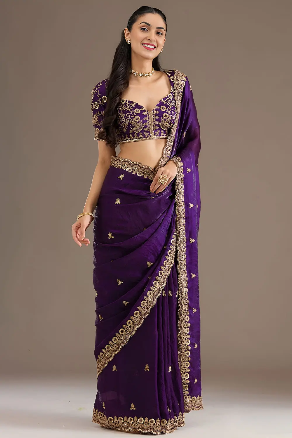 Purple tissue silk saree with diamond and pearl detailing