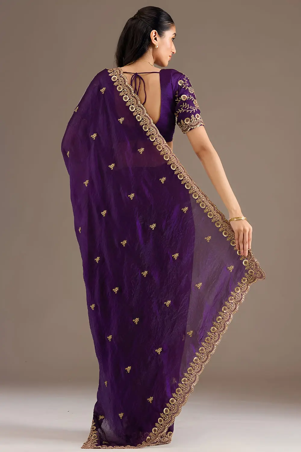Back view of purple tissue silk saree with embroidery