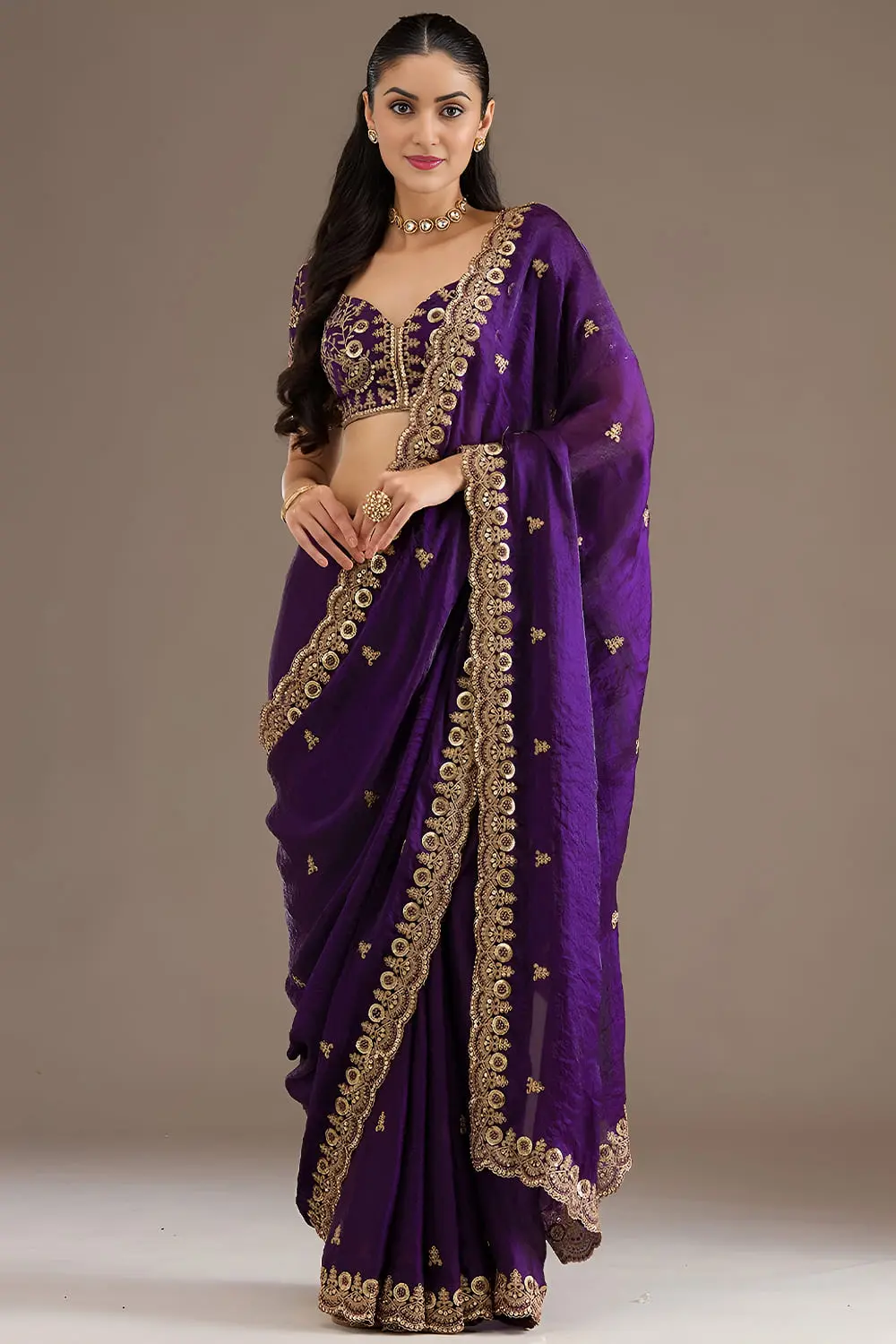Rich purple tissue silk saree draped full view