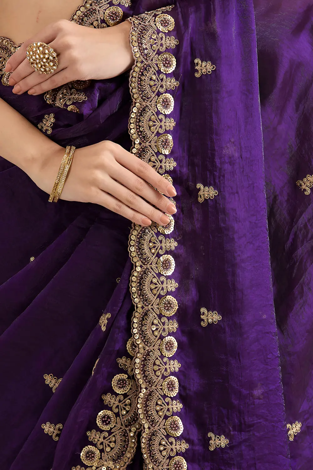 Embroidered border detail on purple tissue silk saree