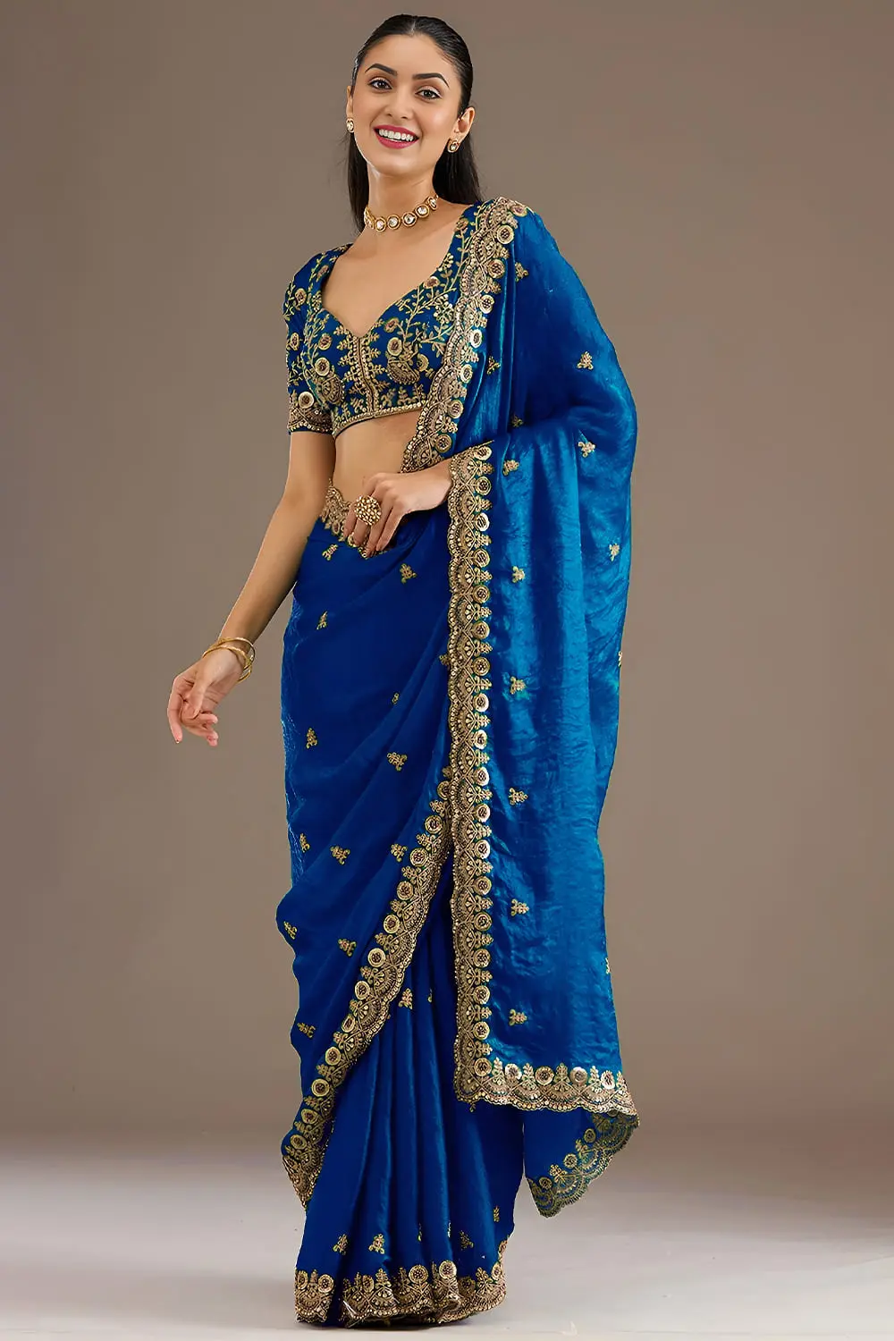 Royal blue tissue silk saree with diamond and pearl detailing