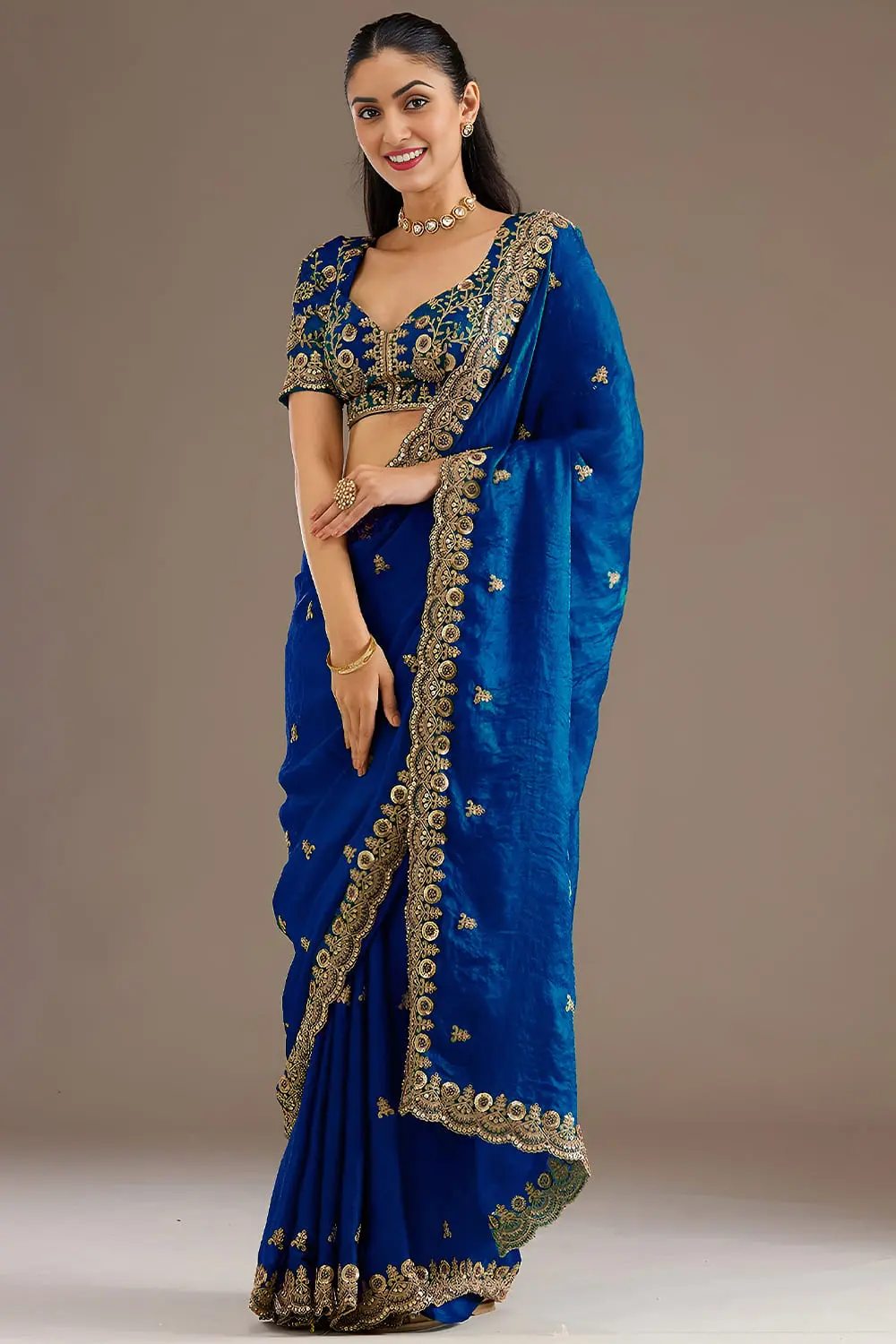 Royal Blue Tissue Silk Saree with Sequins, Dori, Zari, Diamond and Pearl Work Royal Blue Tissue Silk Saree with Sequins, Dori, Zari, Diamond and Pearl Work