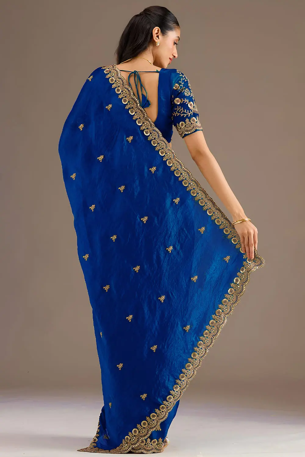 Back view of royal blue tissue silk saree with embroidery