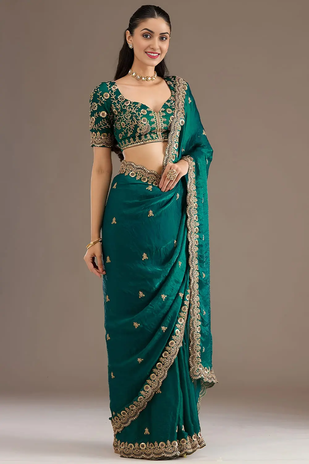 Rama green tissue silk saree with diamond and pearl detailing