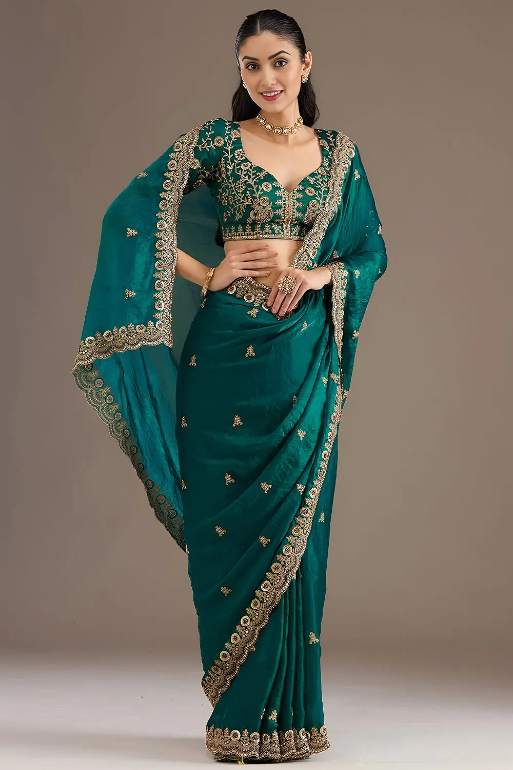 Rama Green Tissue Silk Saree with Sequins, Dori, Zari, Diamond and Pearl Work Rama Green Tissue Silk Saree with Sequins, Dori, Zari, Diamond and Pearl Work