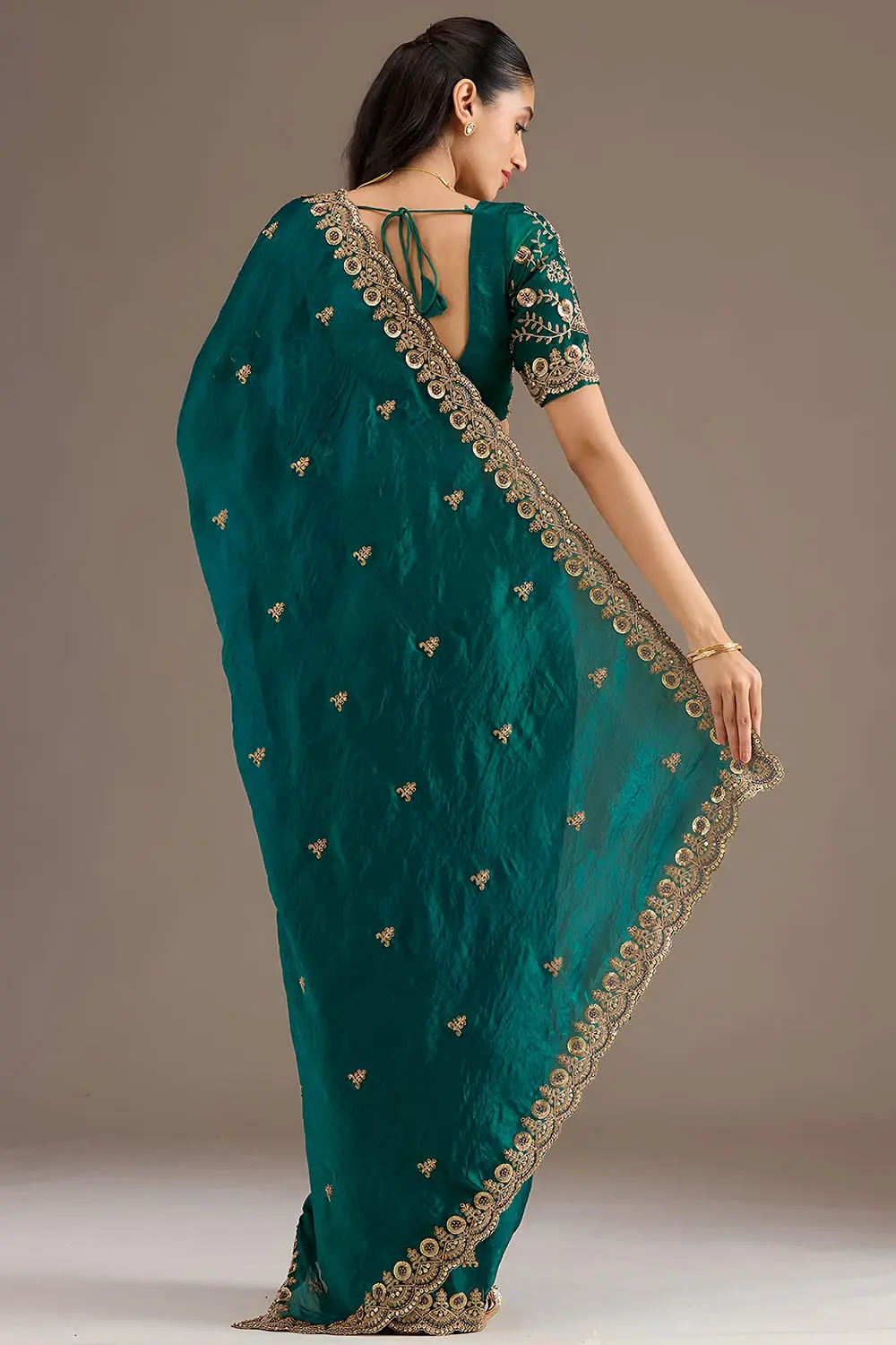 Back view of rama green tissue silk saree with embroidery