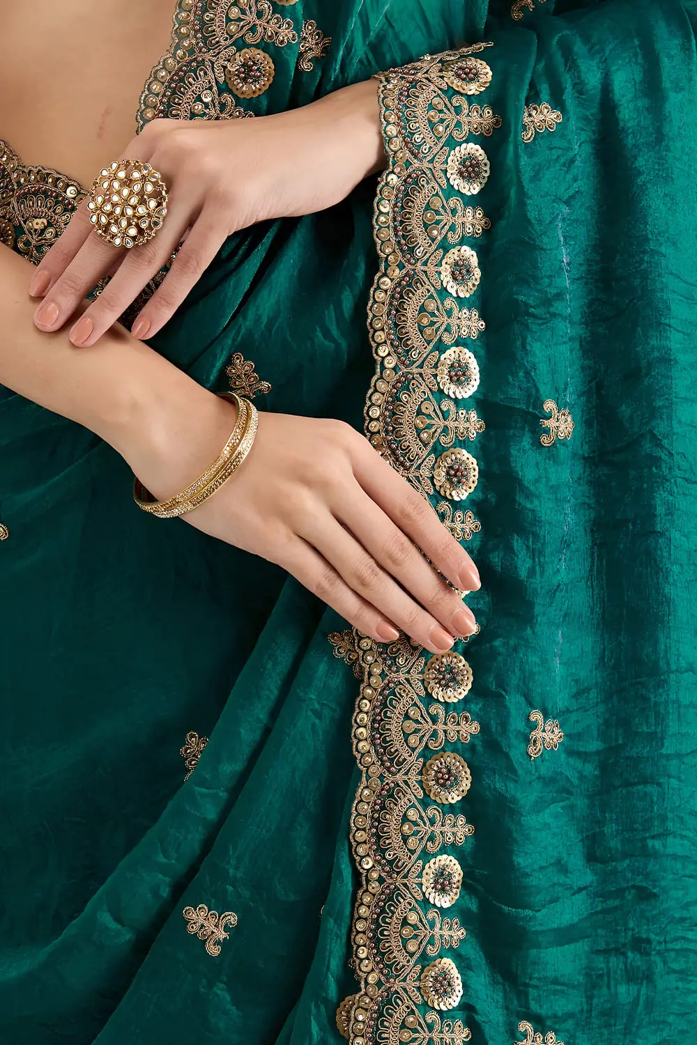 Embroidered border detail on rama green tissue silk saree