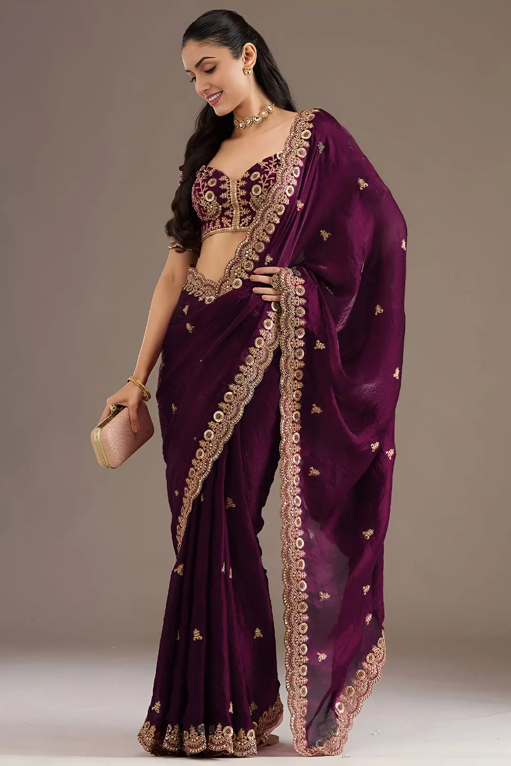 Wine Tissue Silk Saree with Sequins, Dori, Zari, Diamond and Pearl Work Wine Tissue Silk Saree with Sequins, Dori, Zari, Diamond and Pearl Work