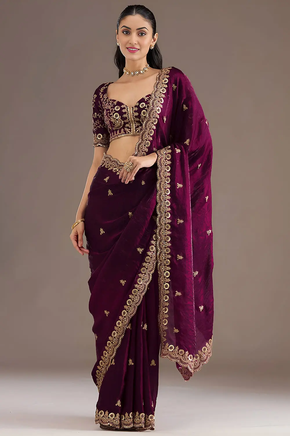 Wine tissue silk saree with diamond and pearl detailing