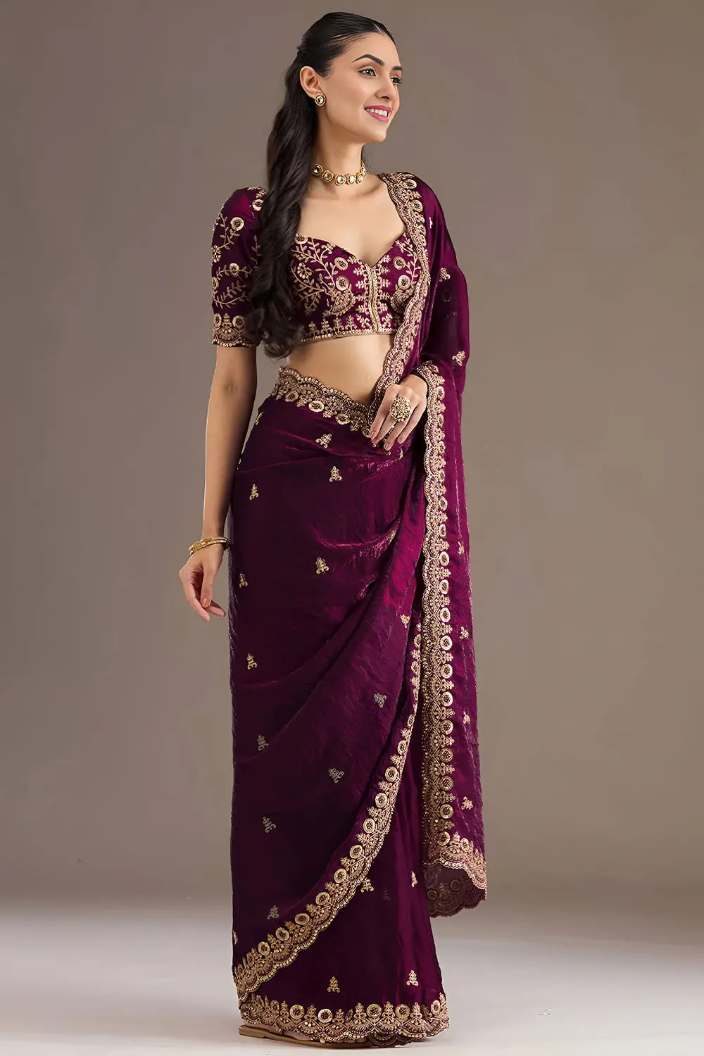Deep wine tissue silk saree draped full view