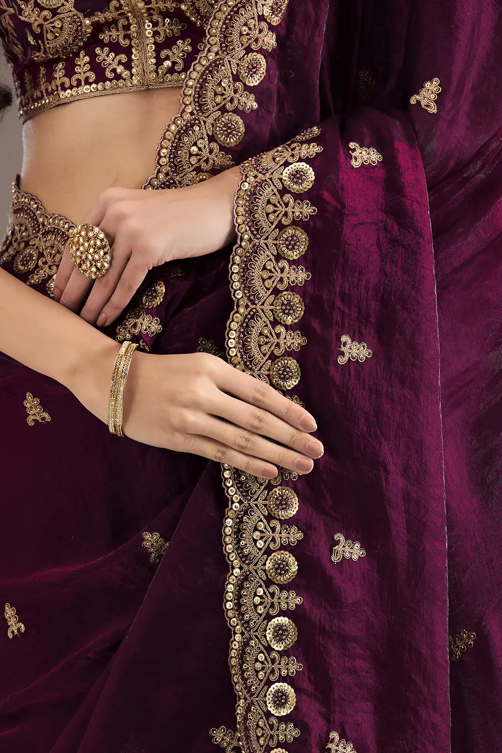 Embroidered border detail on wine tissue silk saree