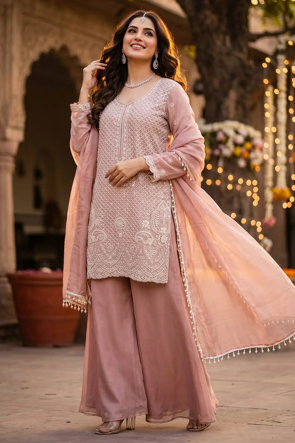Dusty Pink Premium Chinon Silk Sharara Set with Heavy Beads Work and Dupatta Dusty Pink Premium Chinon Silk Sharara Set with Heavy Beads Work and Dupatta