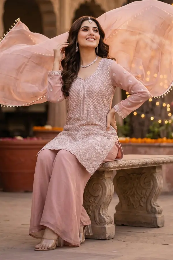 Dusty pink sharara kurta set with beads work seated view