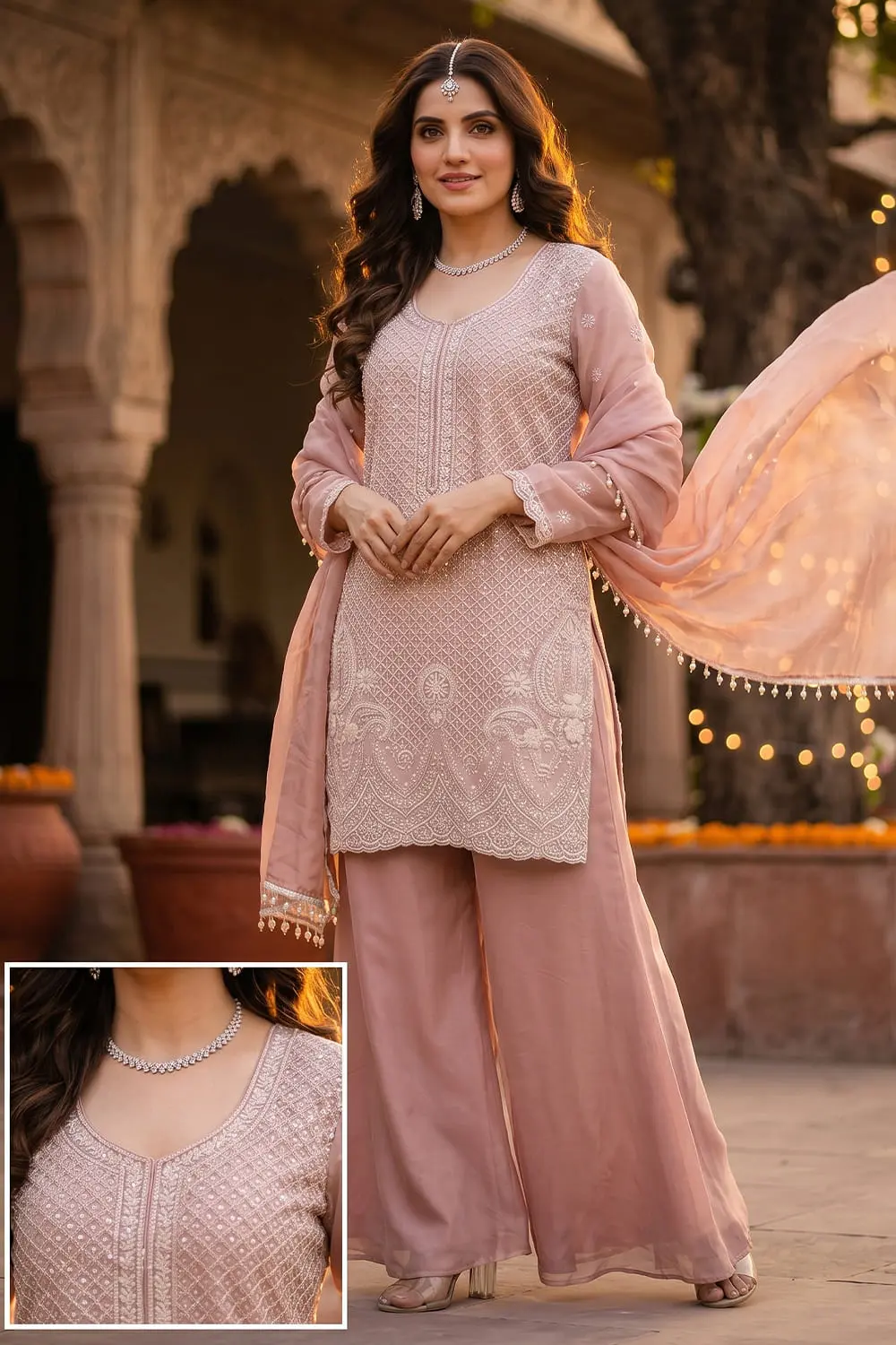 Dusty pink chinon silk sharara kurta set with dupatta full view