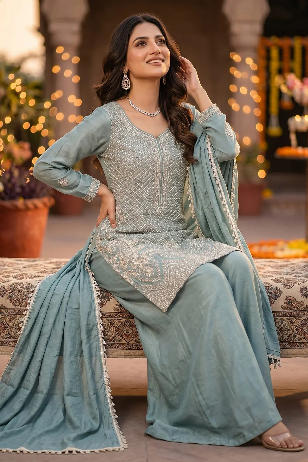 Indian wedding guest dresses in aqua blue sitting pose