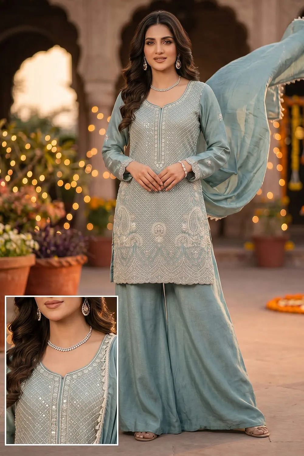 Premium chinnon silk party wear suits for women full view