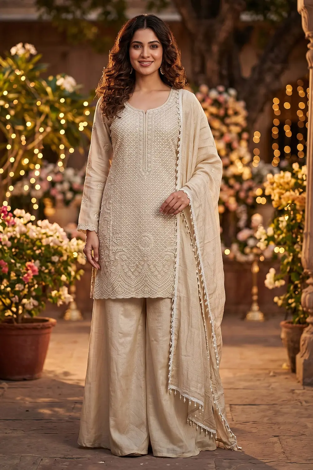 Elegant Beige Chinnon Silk Sharara Kurta Set with Intricate Beadwork Elegant Beige Chinnon Silk Sharara Kurta Set with Intricate Beadwork
