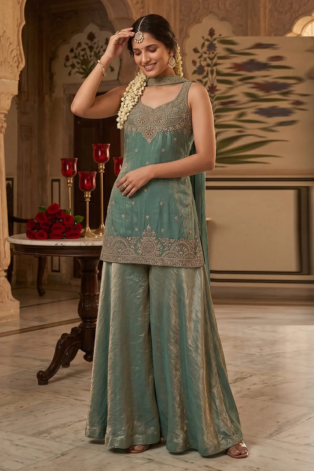 Mint Green Tora Silk Kurta Palazzo Set with Handwork, Embroidery and Dupatta Mint Green Tora Silk Kurta Palazzo Set with Handwork, Embroidery and Dupatta