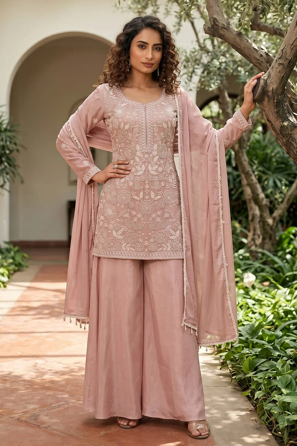 Pink Premium Chinon Kurta Palazzo Set with Beads Work and Tassel-Border Dupatta Pink Premium Chinon Kurta Palazzo Set with Beads Work and Tassel-Border Dupatta