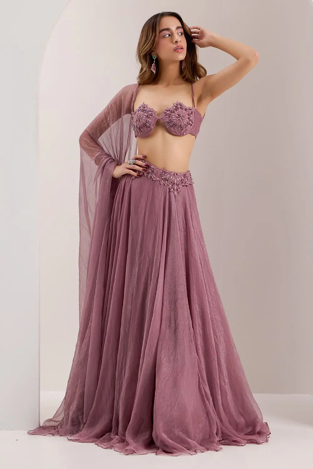 Snowflake mauve corset lehenga with shimmer chiffon and mix media embroidery