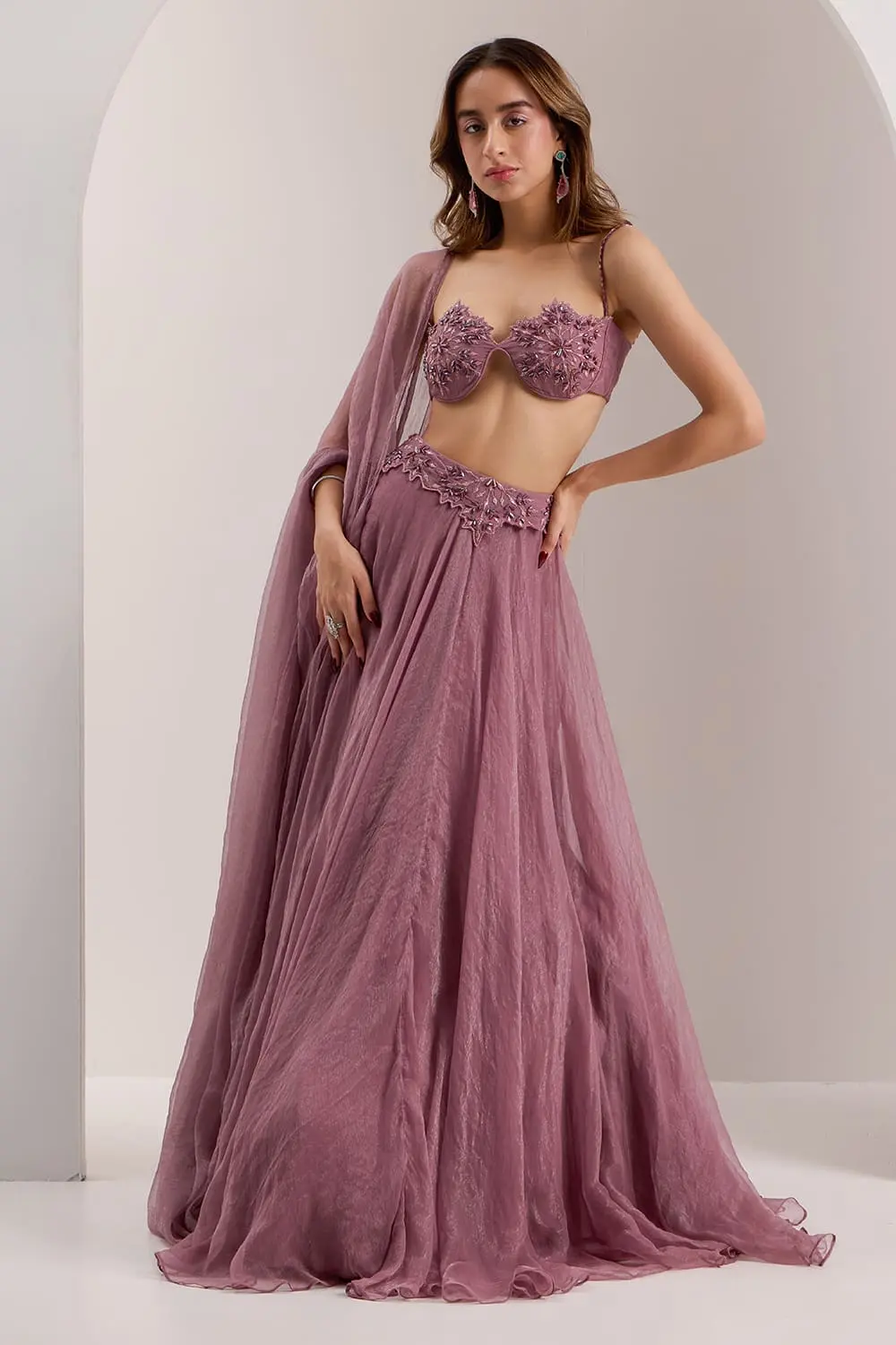 Mauve corset bralette lehenga set with flowing organza skirt and dupatta