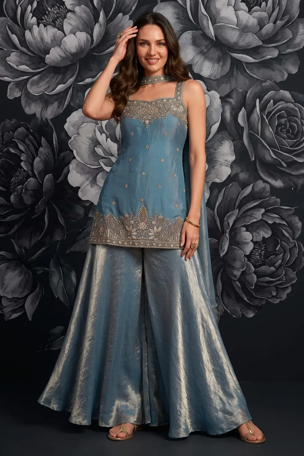 Teal Blue Tora Silk Kurta Palazzo Set with Handwork, Embroidery and Dupatta Teal Blue Tora Silk Kurta Palazzo Set with Handwork, Embroidery and Dupatta