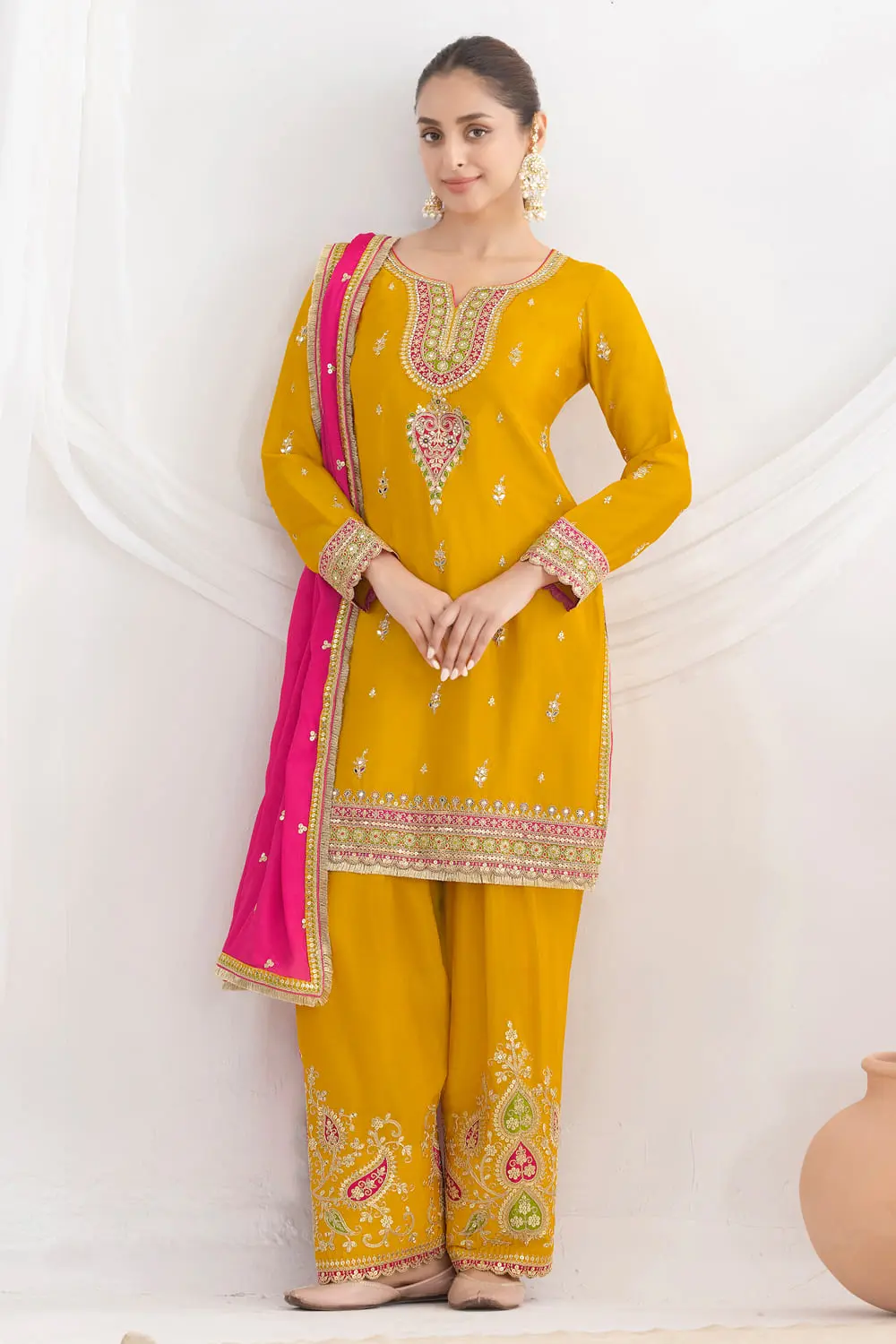Mustard Chinon Salwar Kameez with Embroidered Kurti and Zari Lace Dupatta Mustard Chinon Salwar Kameez with Embroidered Kurti and Zari Lace Dupatta