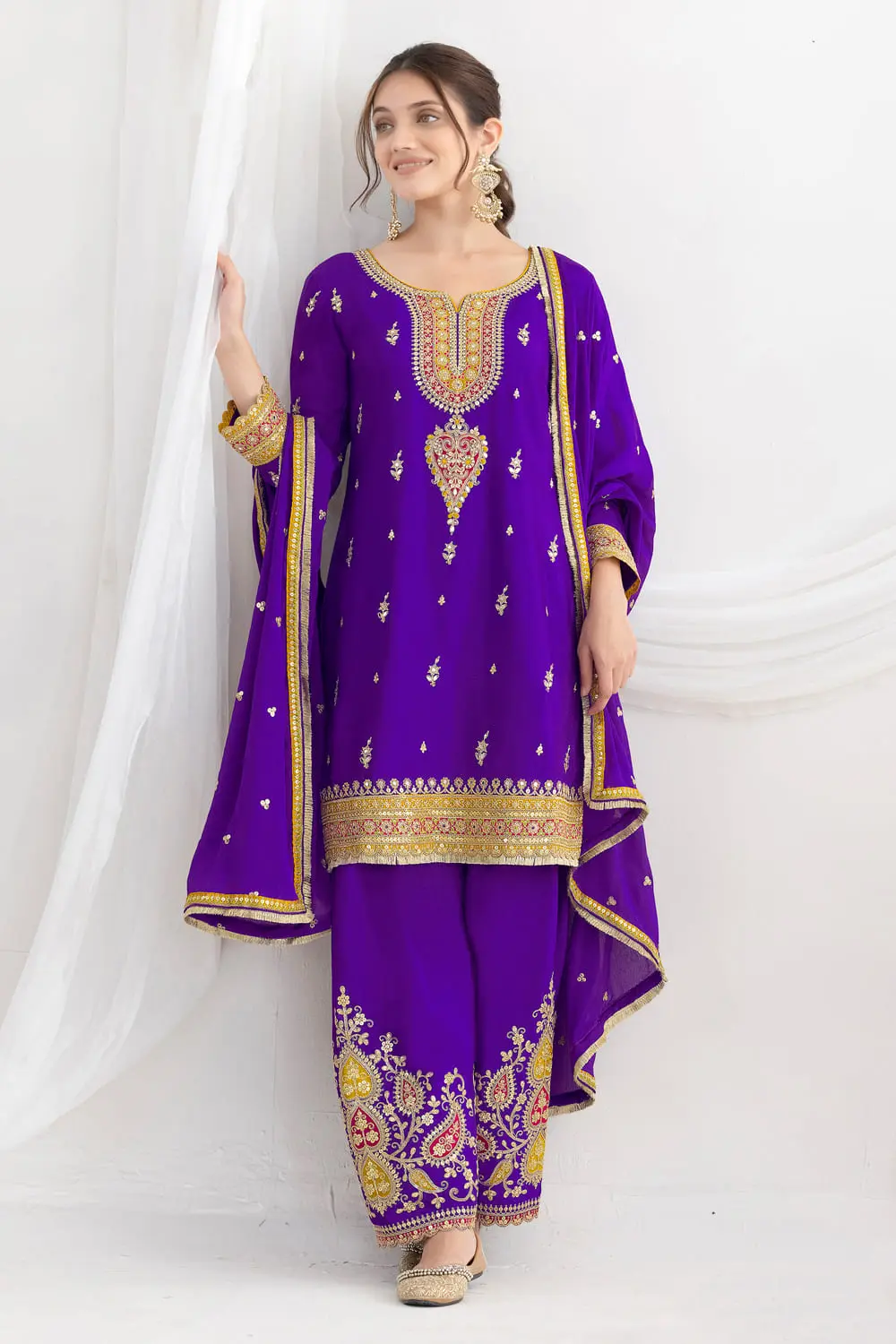 Deep Purple Chinon Salwar Suit with Embroidered Kurti and Zari Lace Dupatta Deep Purple Chinon Salwar Suit with Embroidered Kurti and Zari Lace Dupatta