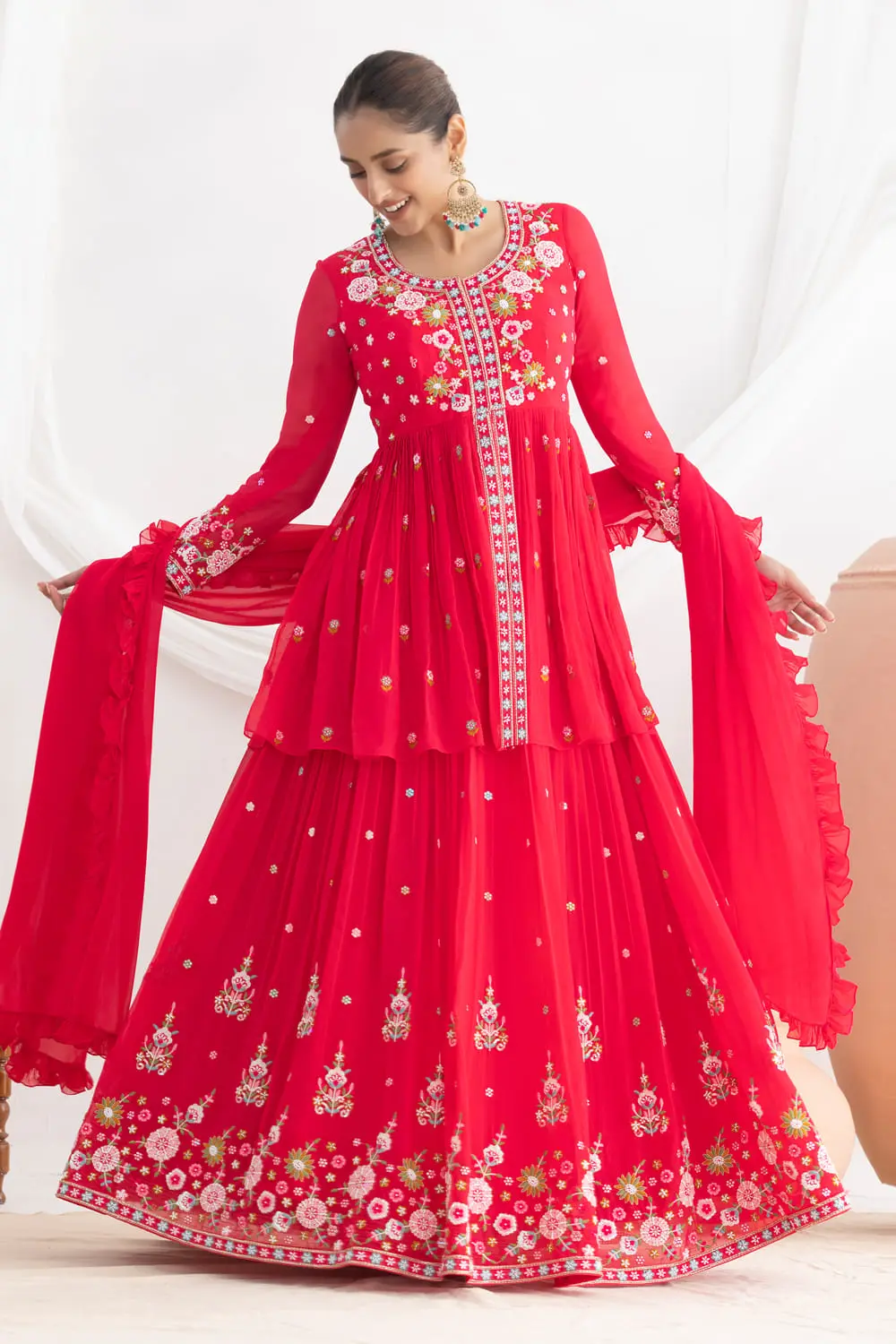 Pink lehenga for wedding in georgette with floral silk work by Khaish