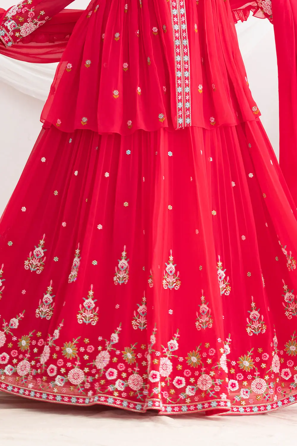 Allover pleated pink lehenga with floral silk and beads work