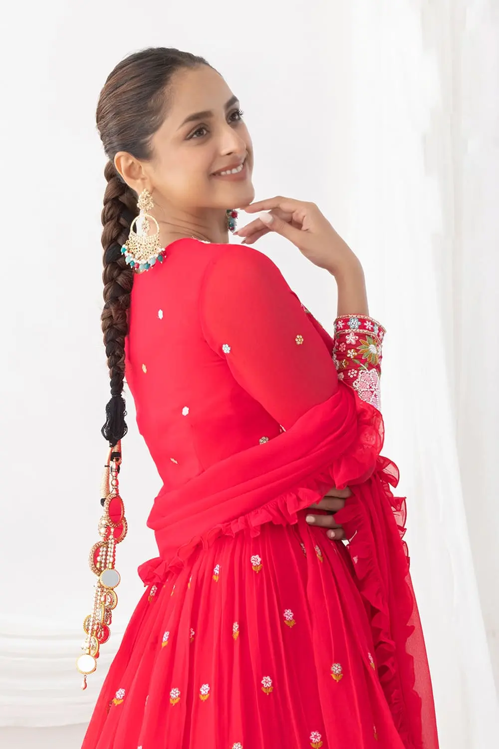 Premium georgette dupatta with four side frill work in pink