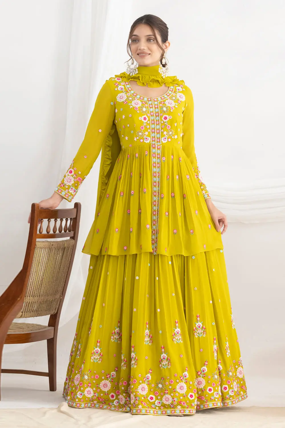 Mustard Georgette Kurta Lehenga Set with Floral Silk Work, Beadwork and Frill Dupatta Mustard Georgette Kurta Lehenga Set with Floral Silk Work, Beadwork and Frill Dupatta