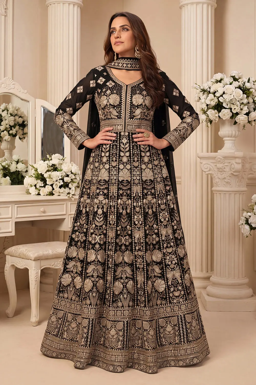 Black Premium Georgette Anarkali Gown with Front and Back Embroidery and Chinon Dupatta Black Premium Georgette Anarkali Gown with Front and Back Embroidery and Chinon Dupatta